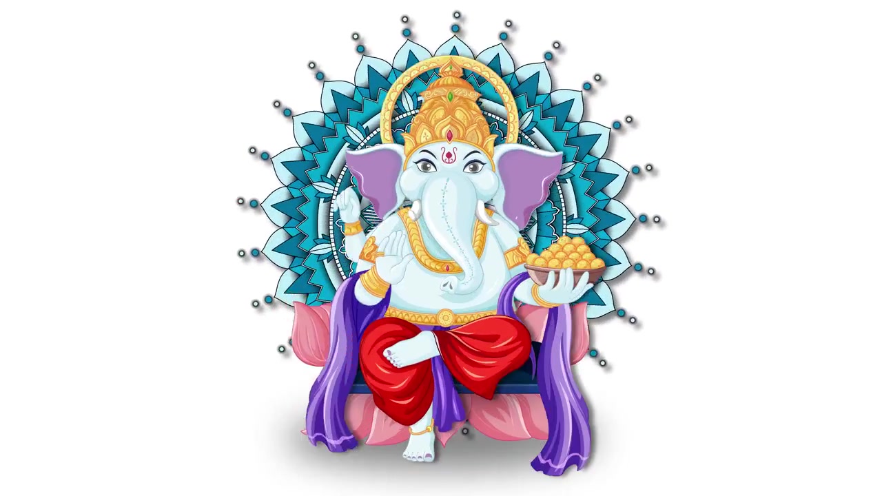 Uma ilustração colorida do Senhor Ganesha está em frente a um padrão de mandala azul giratório