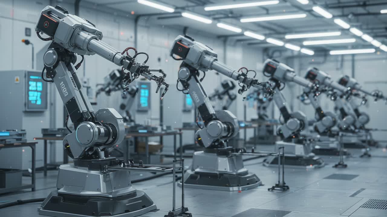 A Cutting-Edge Robotic Assembly Line Featuring Advanced Automation Technology in a Modern Industrial Setting, Showcasing Robotics and Precision Engineering