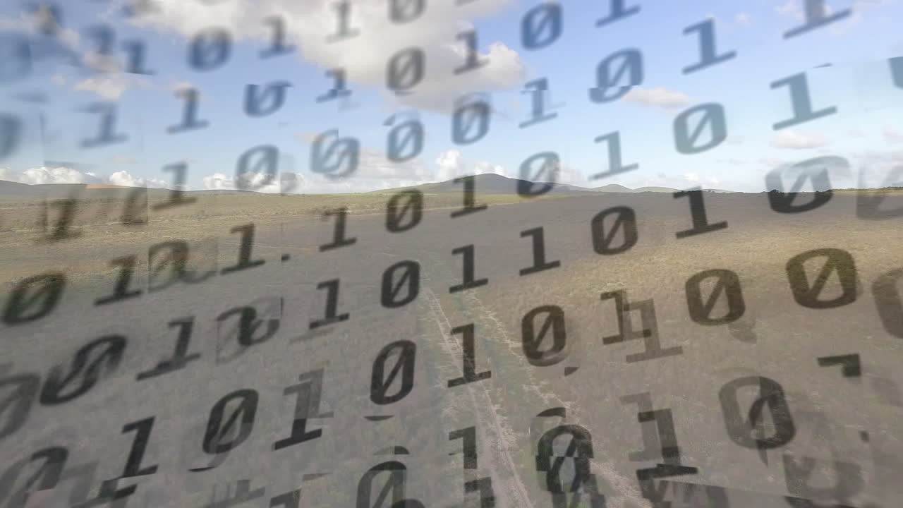 Binary code overlaying animation of mountains and cloudy sky in digital style