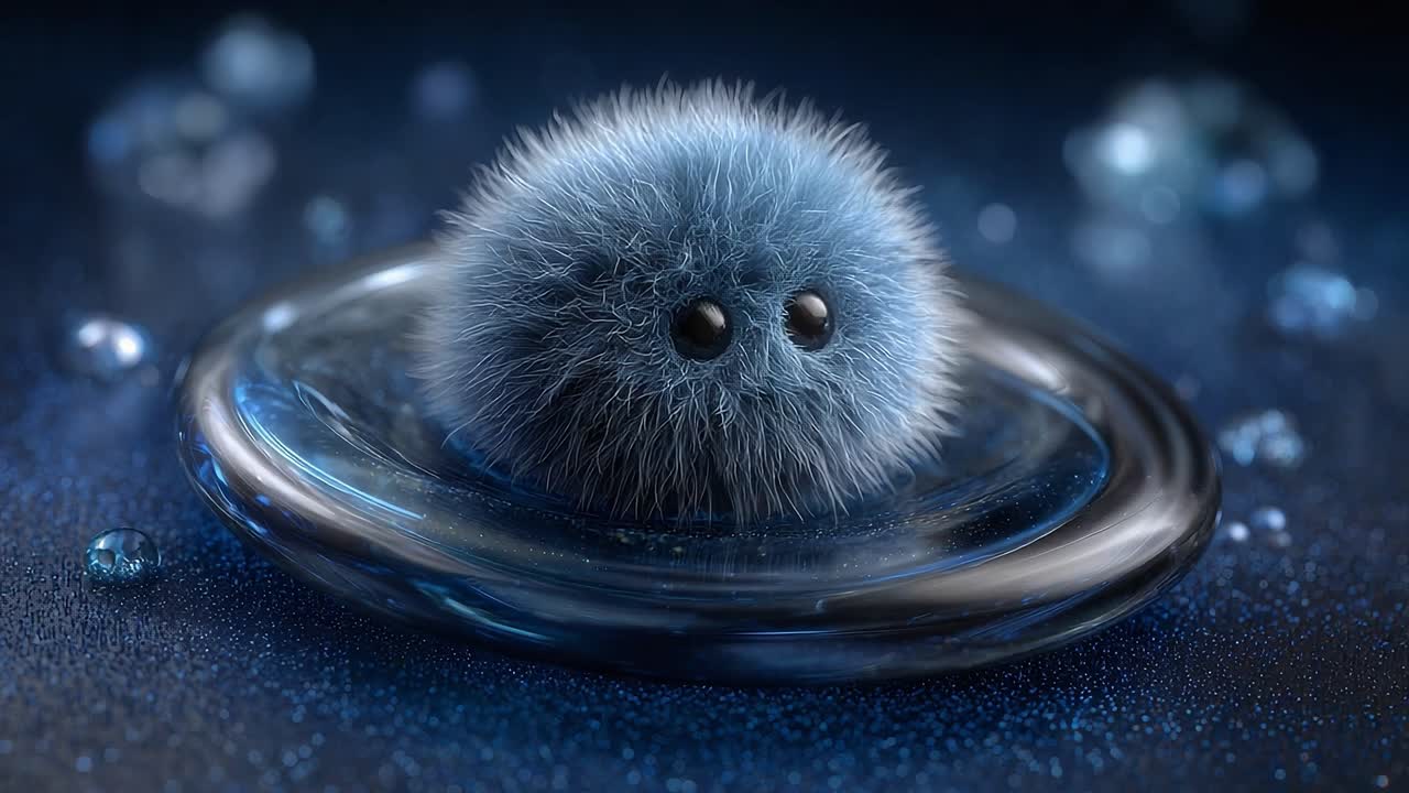 A captivating exploration of a mystical blue furry orb resting serenely on a crystal-clear droplet, surrounded by twinkling luminescence and shimmering reflections in a tranquil atmosphere