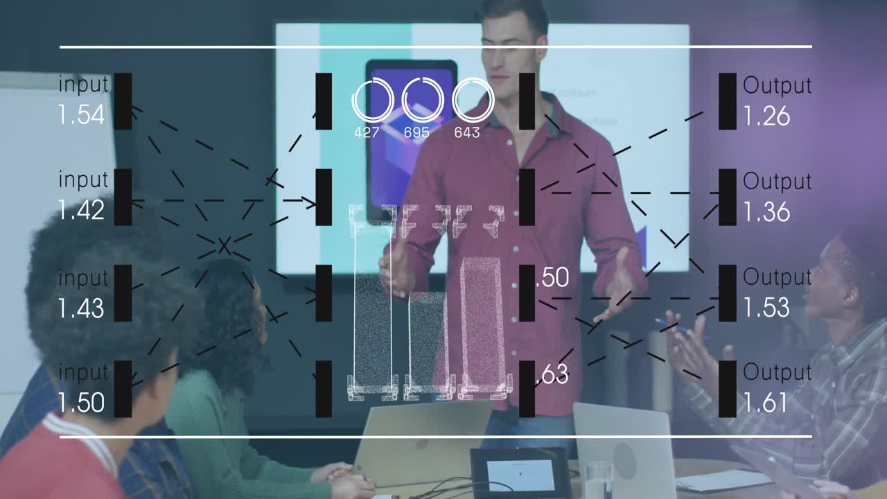 animación de líneas, cambiando números a través de diversos hombres explicando estrategias a los compañeros de trabajo en la oficina.