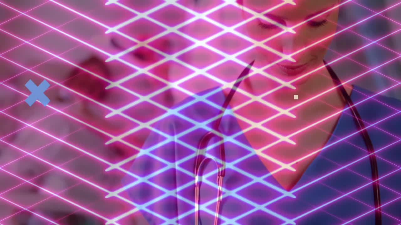 female healthcare pro in scrubs monitoring data in clinic, showing neon grid and X graphics