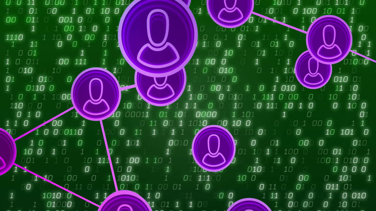 Network of connected user icons animation over binary code background