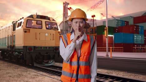 asian female engineer with safety helmet making shh gesture with freight cargo train at port