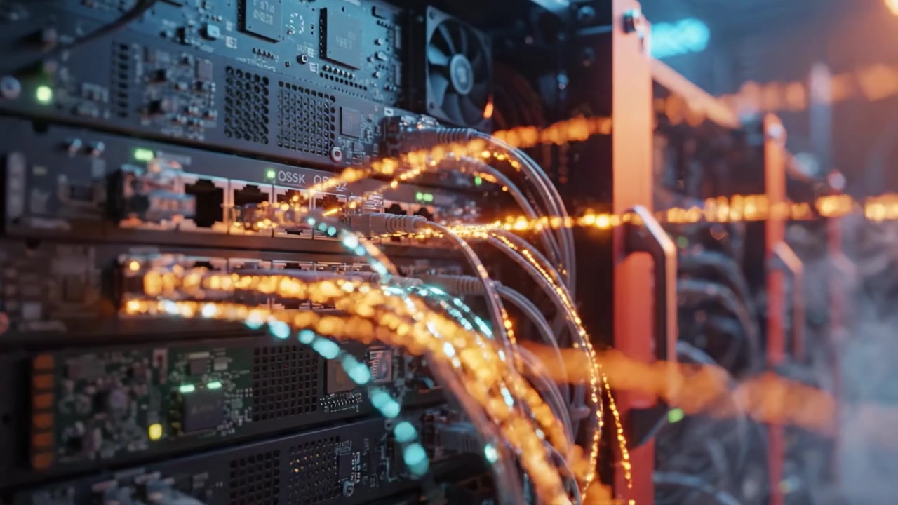 High-Performance Data Center Infrastructure with Advanced Servers and Networking Cables Illuminated in a Futuristic Environment