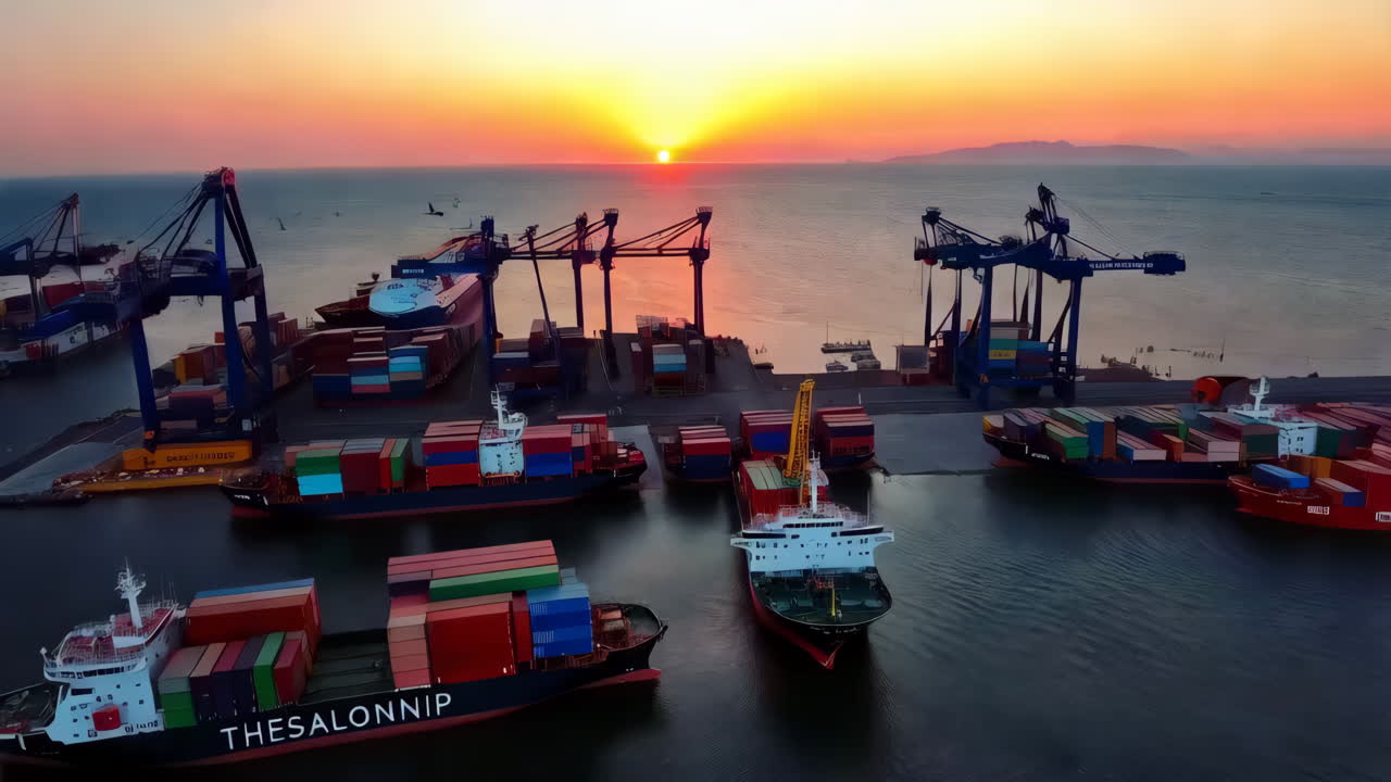 Sunset at a Busy Port