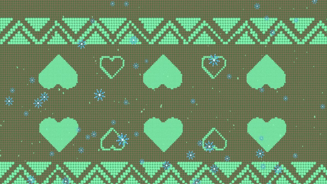 Animation of blue snowflakes icons falling over traditional christmas pattern on green background