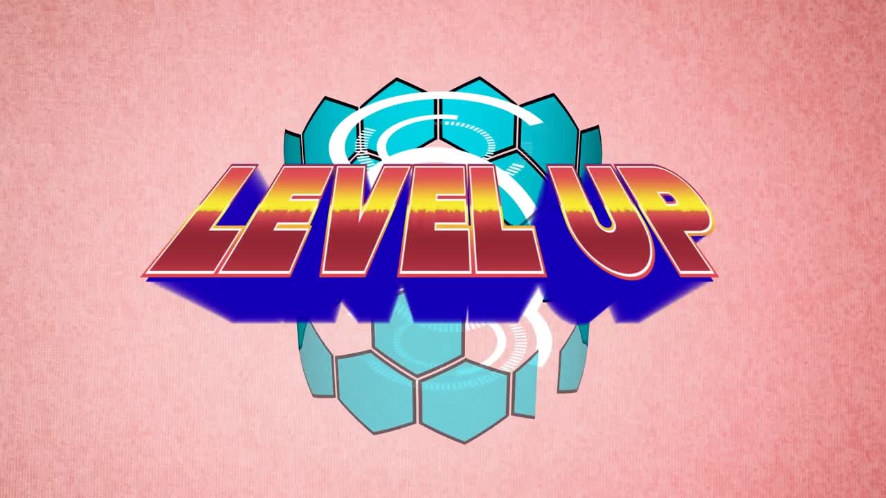 핑크색에 회전하는 파란색 육각형 튜브 위에서 텍스트 레벨을 올리는 애니메이션