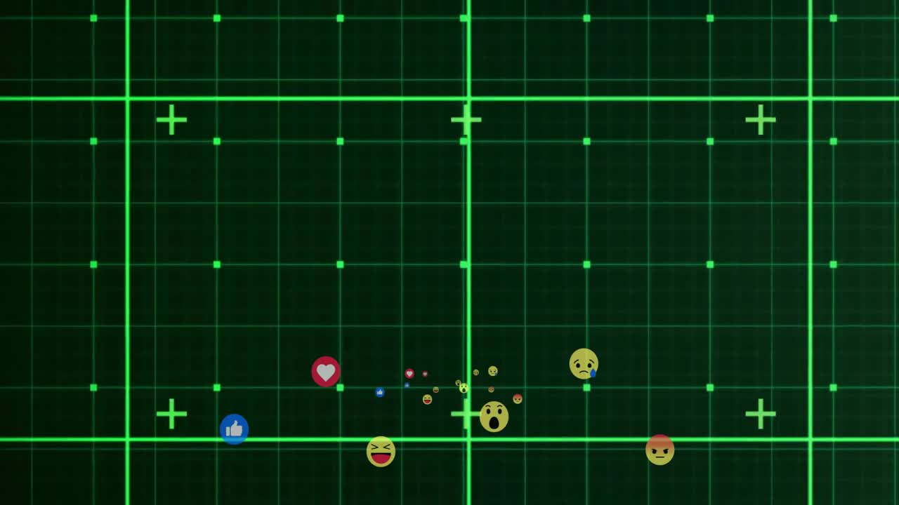 Upon start showing UI with green grid and crosshair while icons drifting outward showing reactions