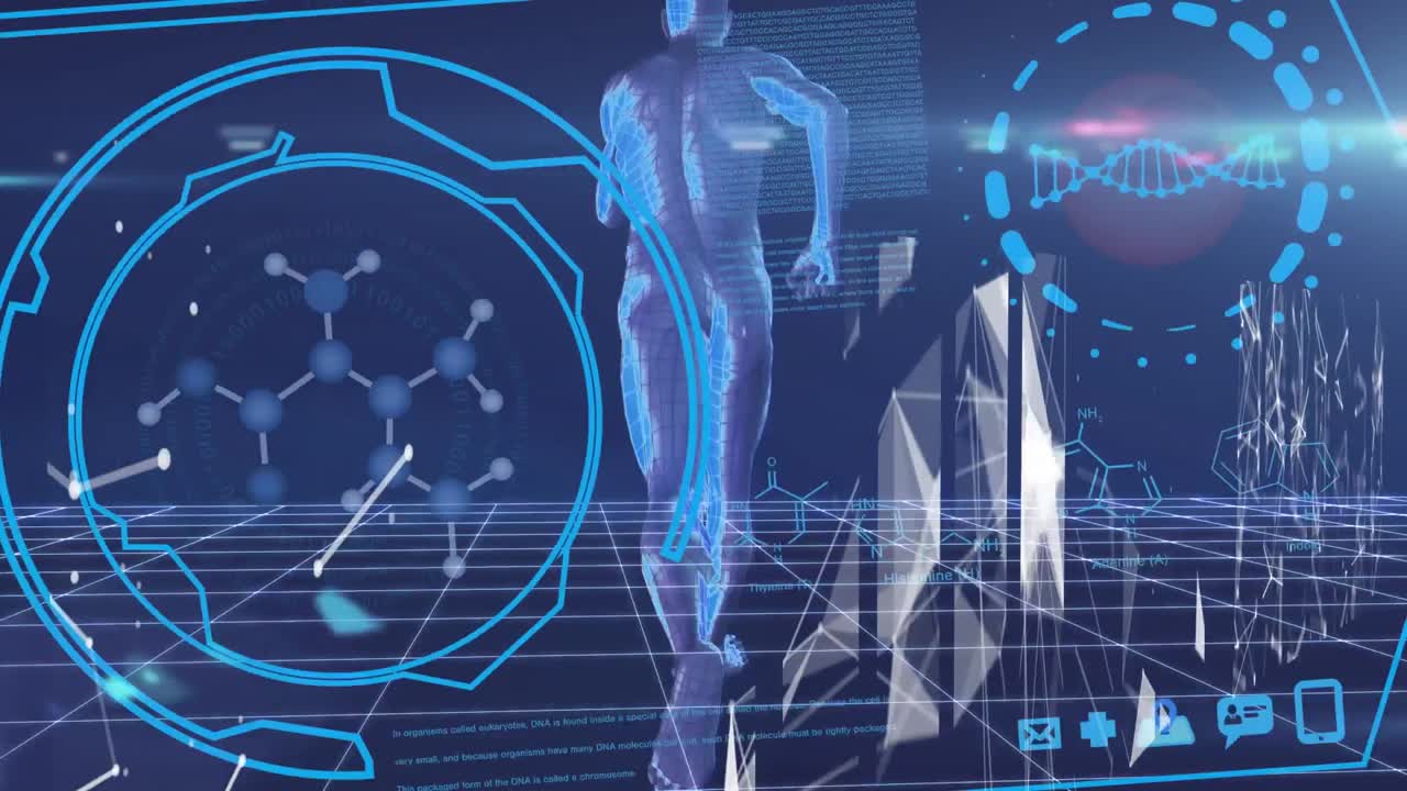 달리는 사람 위의 과학 데이터 처리와 디지털 인터페이스의 애니메이션