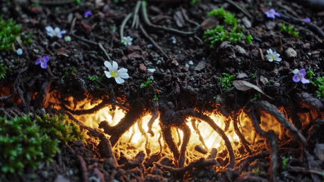 glowing roots underneath the forest floor