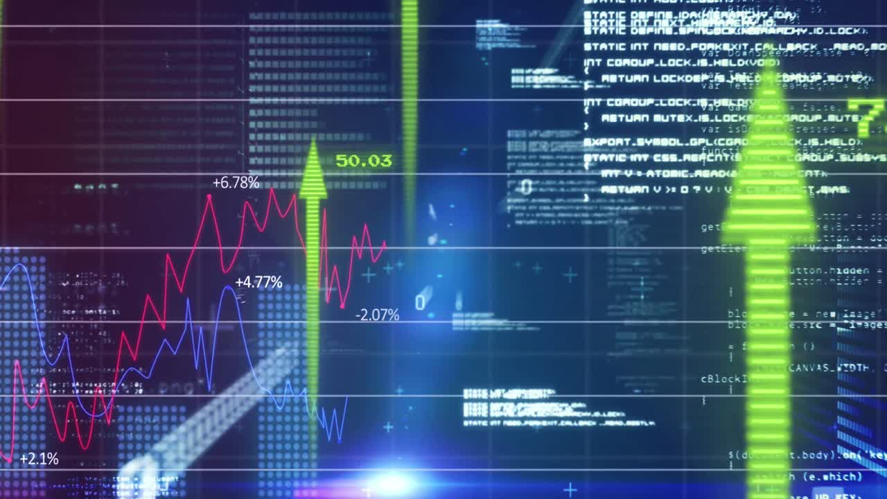 Animation of financial data processing with arrows on black background