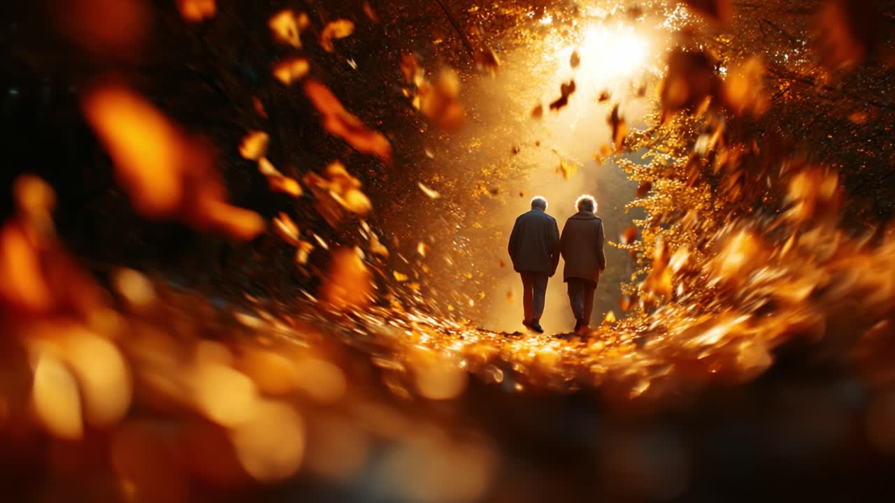 A Serene Autumn Stroll: Two Individuals Walk Together Amidst Vibrant Leaves and Illuminating Sunlight, Capturing the Beauty of Nature and Togetherness in the Golden Hour