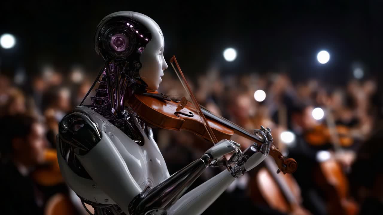 Seorang musisi robot dengan terampil memainkan biola di sebuah gedung konser, memikat penonton yang dipenuhi pengamat di tengah latar belakang lampu dan instrumen yang bersinar