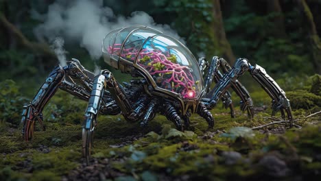 robotic spider creature with organic core in a mossy forest