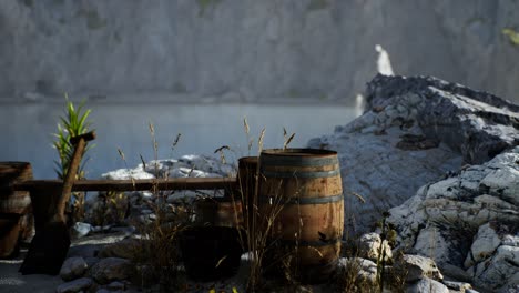 wooden-barrels-with-sea-fish-at-the-sand-beach