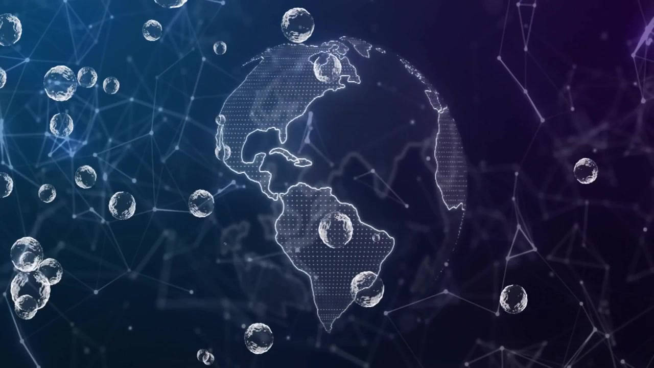 Network nodes pulsing starting globe forming and rotating bubbles drifting showing network view