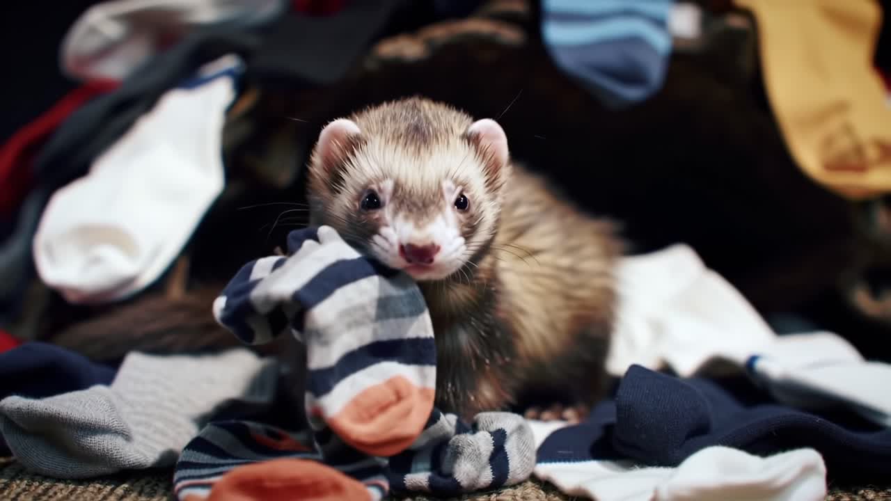 A Ferret's Playful Adventure Amongst a Colorful Pile of Socks, Showcasing its Curiosity and Mischievous Nature in a Charming Domestic Setting