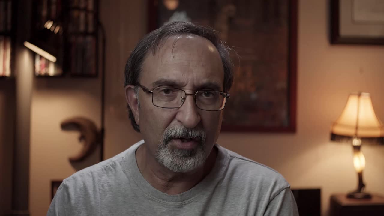 Older man talking to camera holds up a grey card for exposure and color temperature