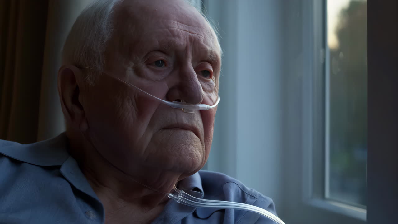 Elderly Man with Oxygen Cannula Looking Out Window