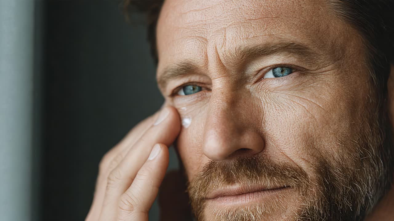 A Close-Up of a Thoughtful Man Applying Cream to His Face, Highlighting Skincare Routine and Personal Grooming Habits with Focus on His Expression and Appearance