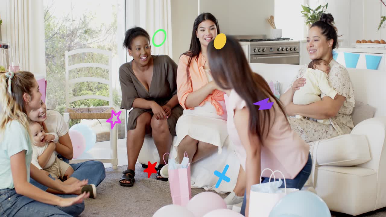 Woman opening pink gift bag, pulling white baby bib, celebrating baby shower with animated icons