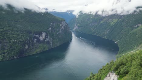 Geirangerfjord-Viewpoint-Ornesvingen-in-Norway---Popular-Tourist-Attraction---Aerial-Circling