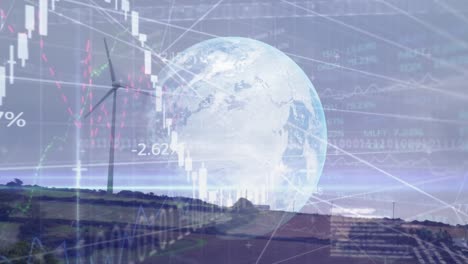 Animation-of-network-of-connections-and-information-processing-over-wind-farm-and-globe