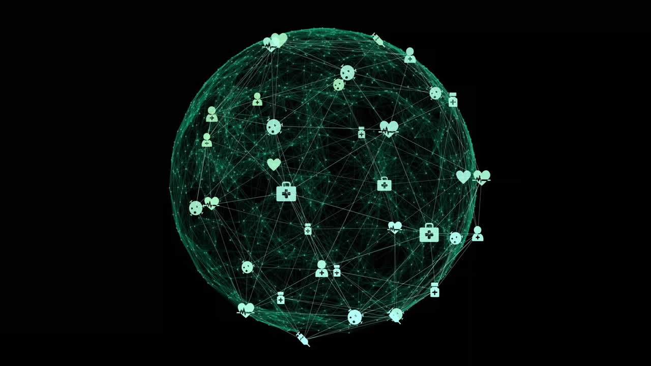 Animazione di rete di connessioni con icone su mappamondo