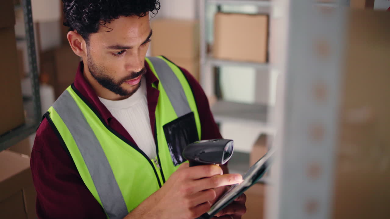 Focused Man Using Barcode Scanner and Tablet in Logistics Warehouse