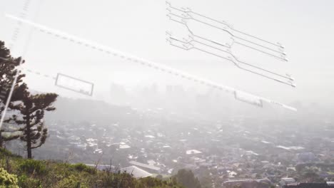 animación de gráficos y lenguaje informático sobre vista aérea del paisaje urbano contra el cielo