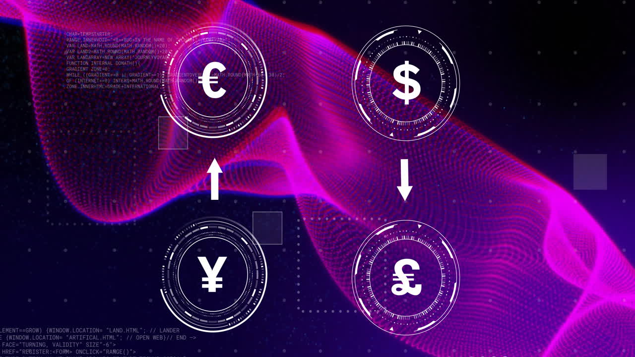 Animation of currency symbols with data processing over purple shapes on black background