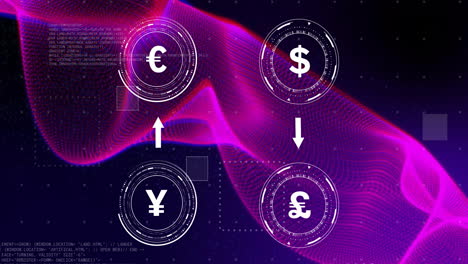 animation of currency symbols with data processing over purple shapes on black background