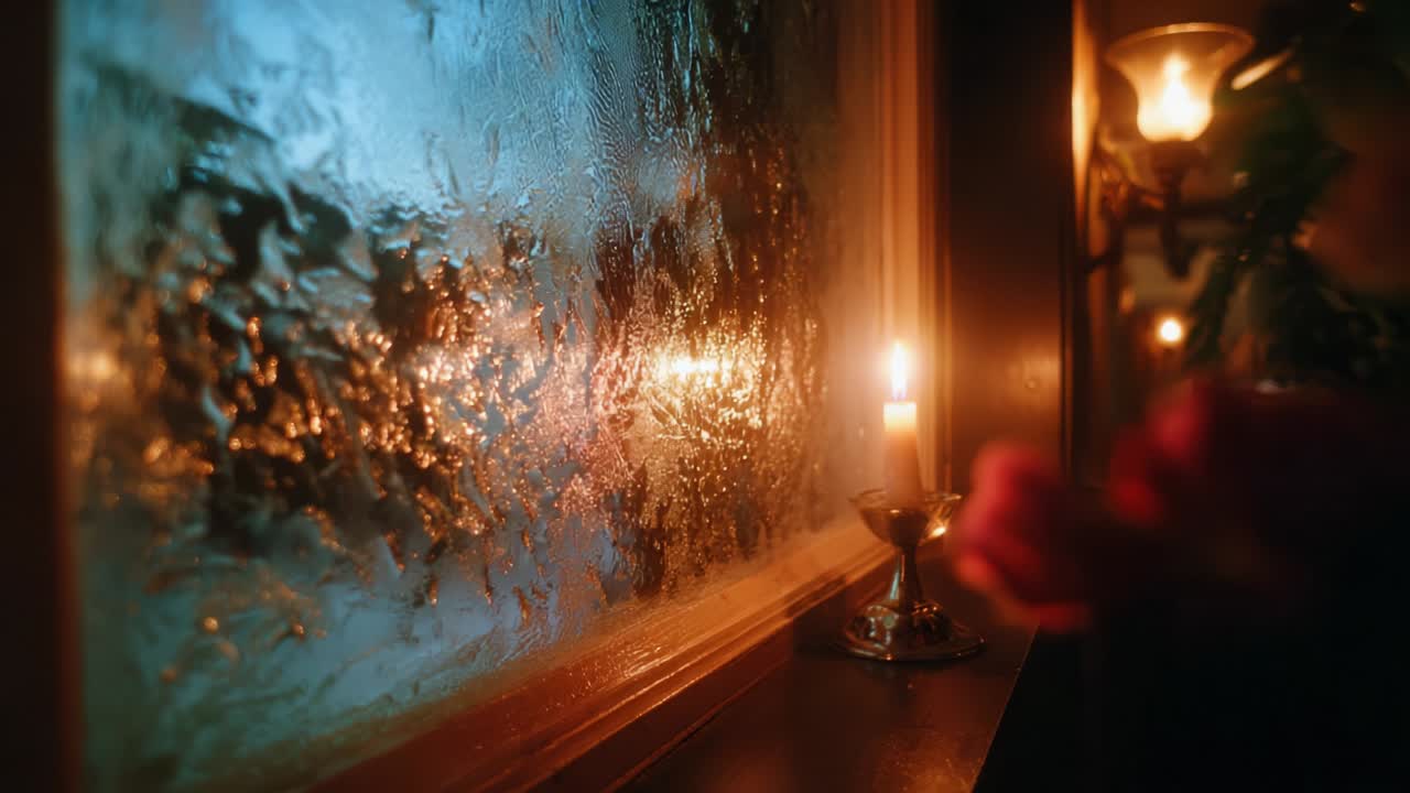 An Intimate Evening Scene Captured Through a Water-Drenched Window, Featuring a Flickering Candle and Elegant Decor, Embodying Warmth and Tranquility Amidst a Rainy Atmosphere