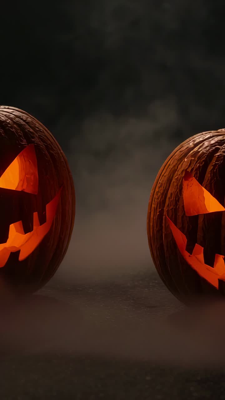 Vertical video: Glow pulsing two jack-o'-lanterns, stirring fog and drifting smoke in dark studio