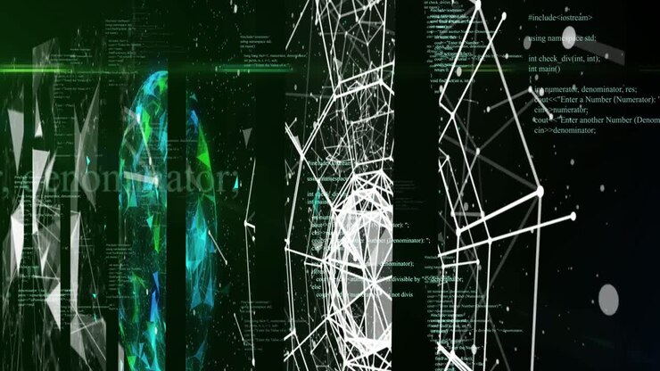 Animation of data processing and shapes on black background