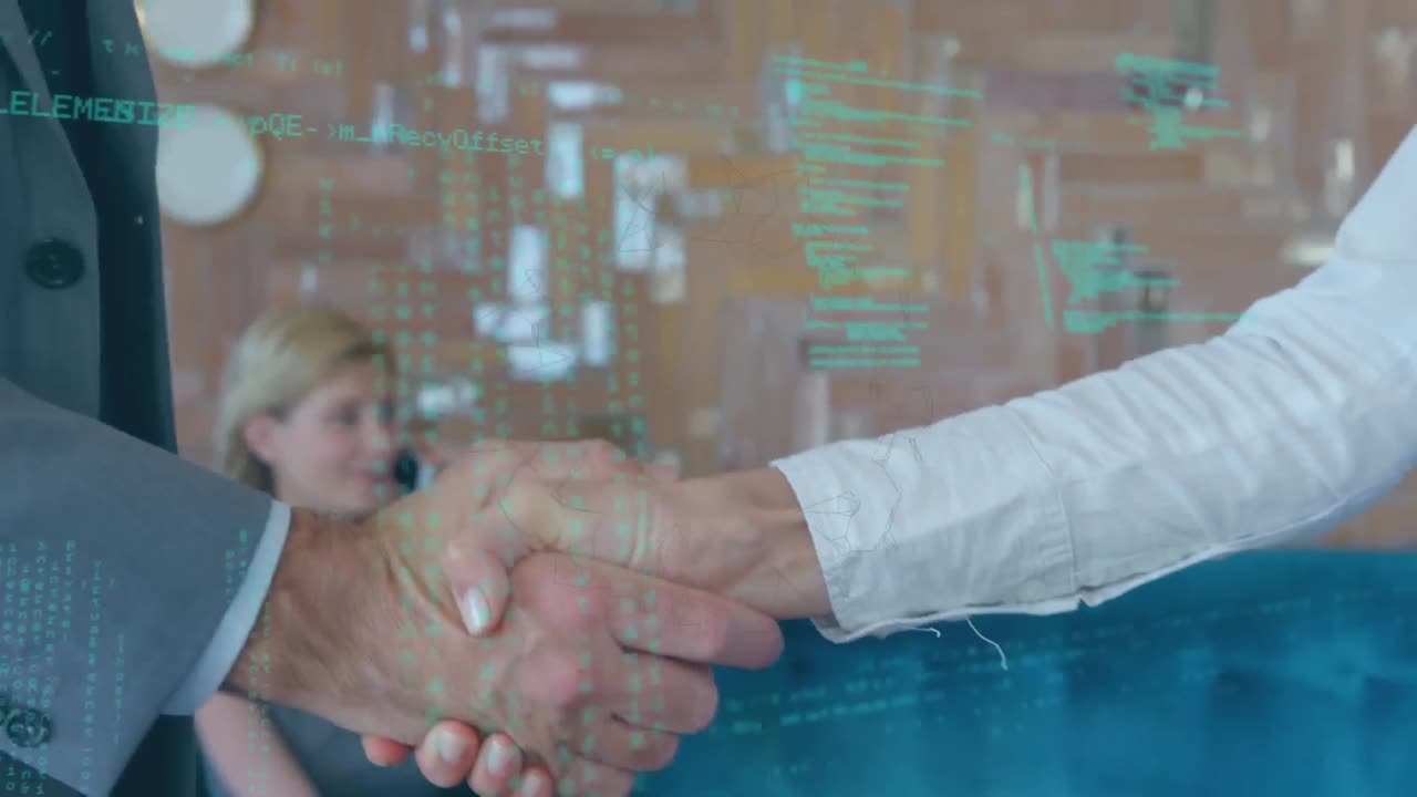 Animation of data processing over people shaking hands