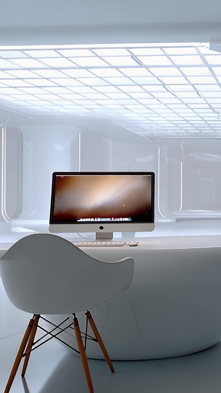 Modern Minimalist Workspace Featuring a Sleek Desk with a Computer Display in a Bright, White Room with Clean Lines and Contemporary Design Elements