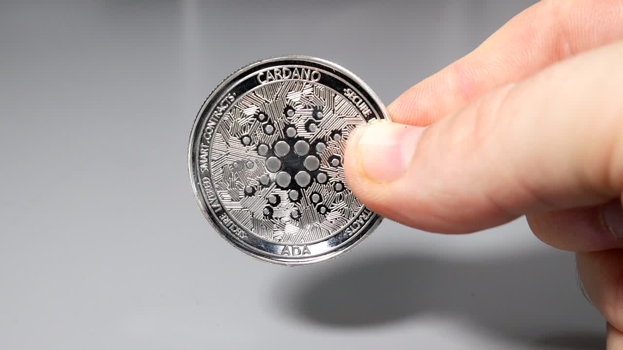 moneda cardano de plata sostenida entre los dedos en la mano en la mesa gey