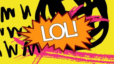 animation of lol text on retro speech bubble over black squiggles on yellow background