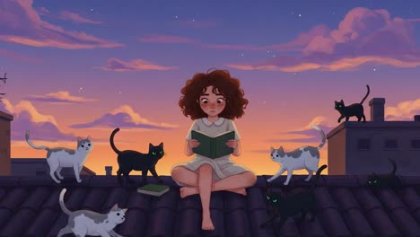 a young girl enjoys a peaceful evening of reading on a rooftop surrounded by playful cats as the sun sets, creating a magical atmosphere in the twilight sky