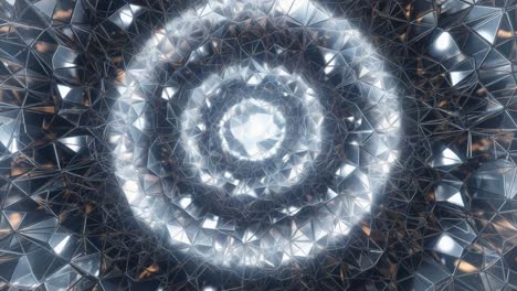 an intricate geometric design: exploring the depths of a multi-faceted crystal structure in an hypnotic visual journey of reflections and light patterns
