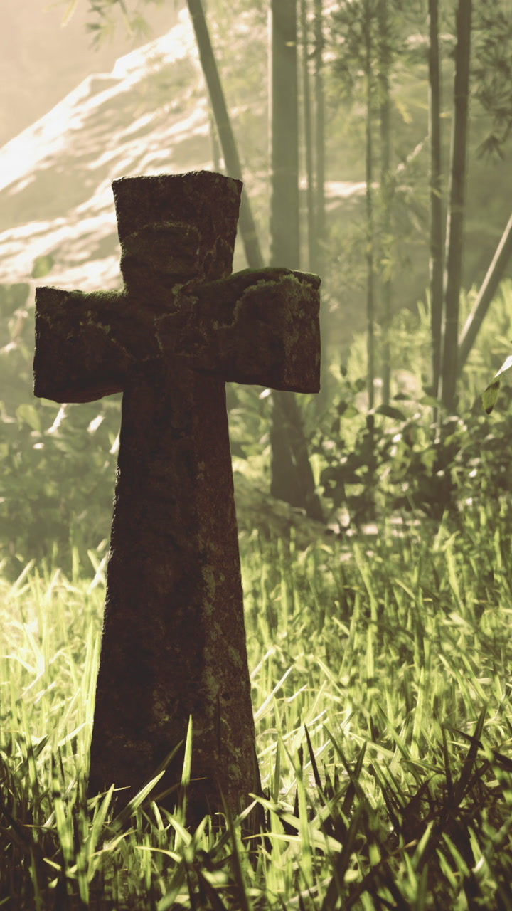 Weathered cross in a forest clearing during daylight hours