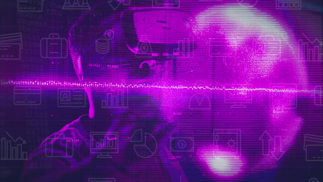 Animation of data processing and icons over african american man in vr headset