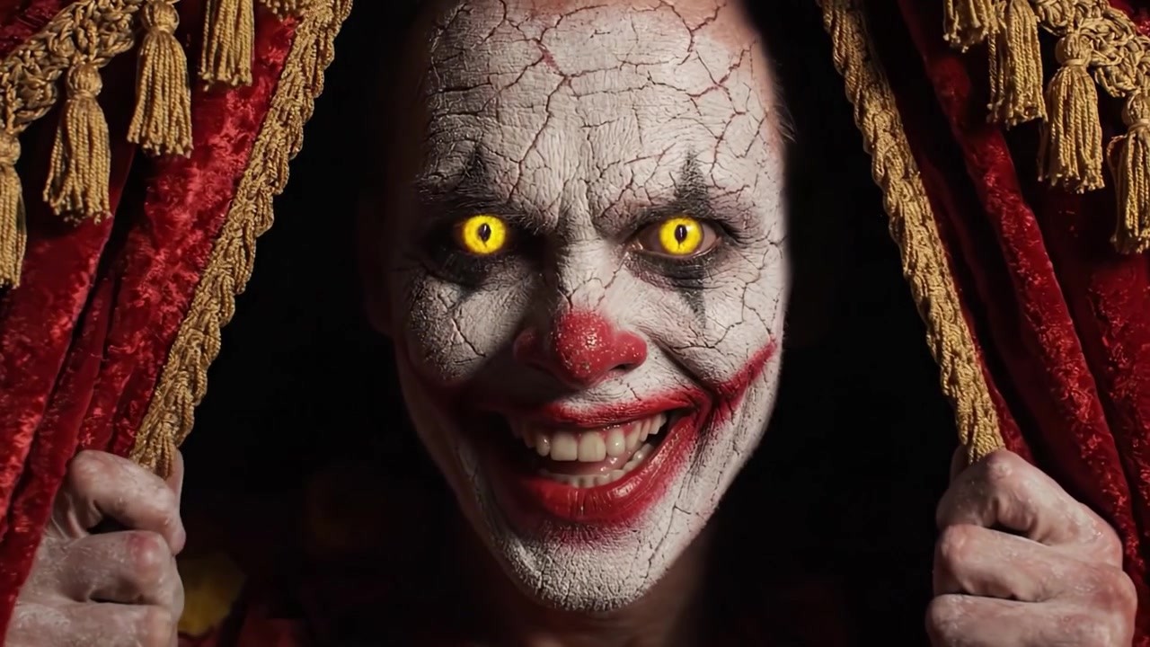 Una trasformazione agghiacciante rivela un personaggio sinistro mentre il sipario si apre, mostrando un clown diabolico con trucco screpolato e occhi luminosi minacciosi, evocando paura e intrigo.