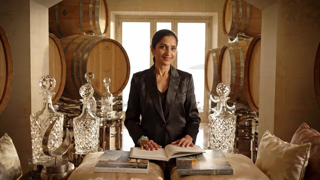 Donna elegante in un ambiente sofisticato, che emana sicurezza mentre è circondata da botti di vino e raffinati decanter in vetro, evidenziando uno stile di vita lussuoso e un gusto ricercato.