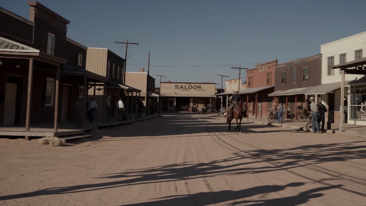Wide-angle shot of a dusty, deserted Wild West town, featuring wooden buildings and a lone horse