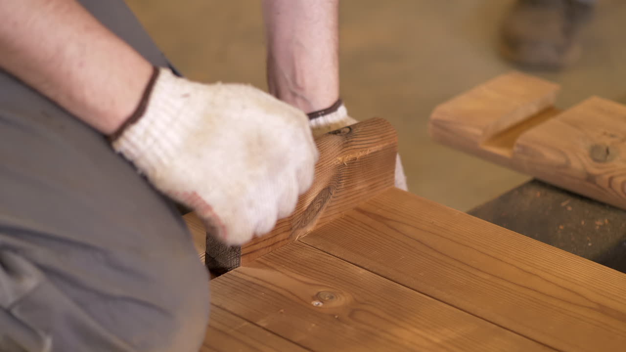 Carpenter assemble wood floor from termowood, thermo pine material. Align wood planks and fix them with temporary peace prior screwing. Woodworker without tools.