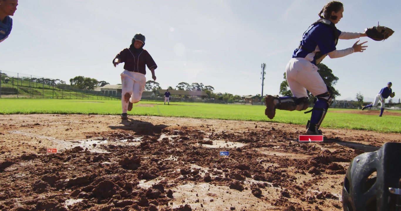 On field, baseball players practicing with animation of social media icons visible