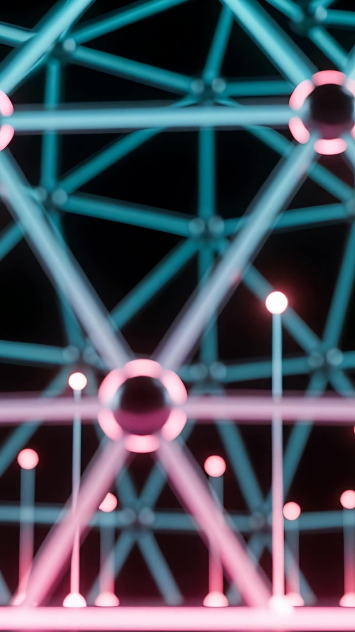 Vertical video: Shifting camera causing cyan lattice pulsing pink bar posts, creating rhythmic glow